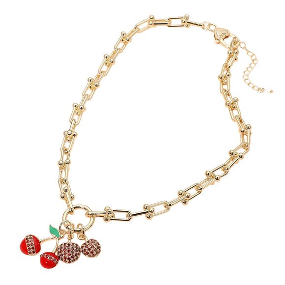 NEW Strawberry Cherry 14K Gold Fruit Charm Link Chain Necklace Cubic Zirconia CZ - Picture 4 of 7